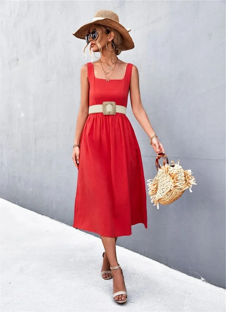 Sleeveless Square-Neck Midi Dress