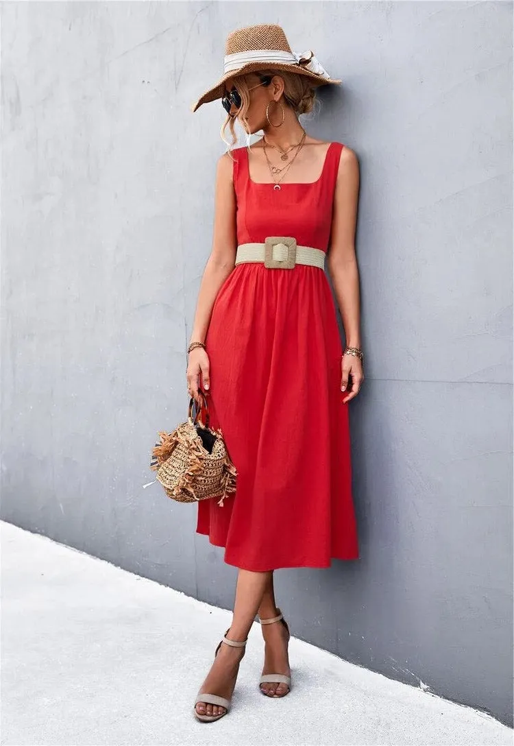 Sleeveless Square-Neck Midi Dress