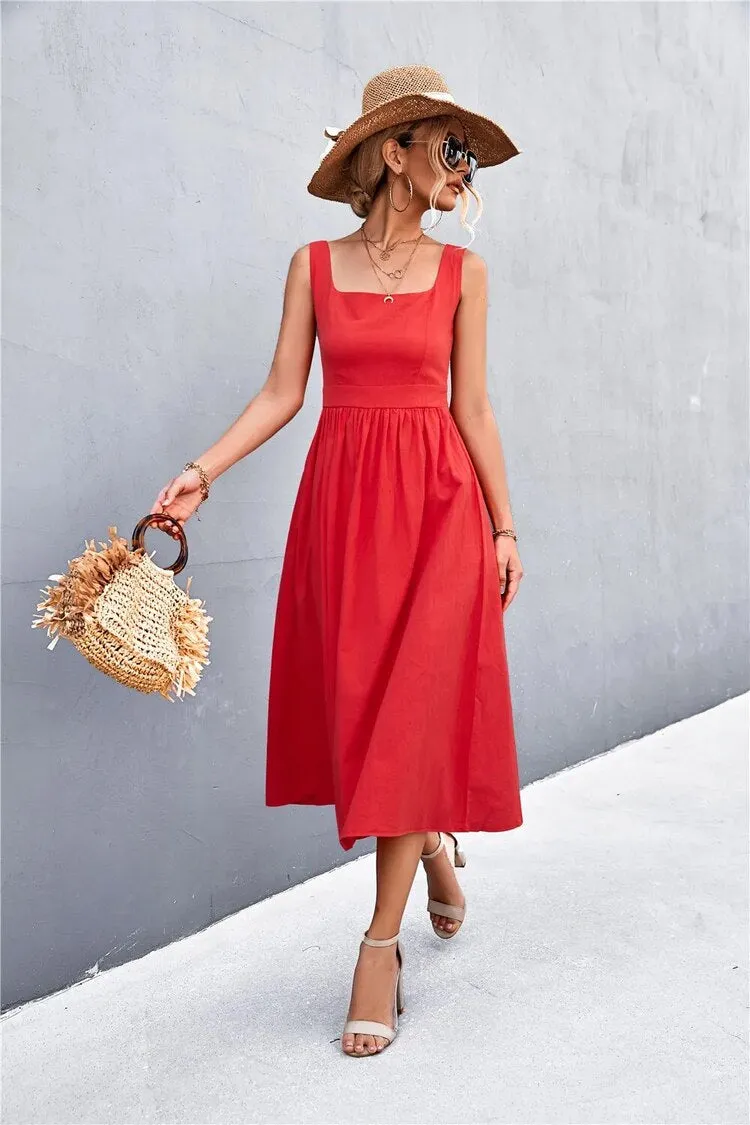 Sleeveless Square-Neck Midi Dress