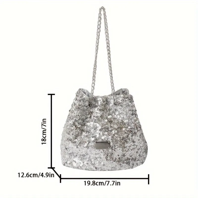 Sparkling Sequin Bucket Bag - Faux Leather, Fixed Shoulder Straps, Buckle Closure, Polyester Lining, Solid Color, Trendy Chain Crossbody Design - Perfect for Carnival, Mardi Gras, Music Festival, and Occasional Events