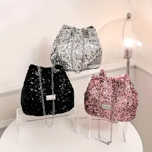 Sparkling Sequin Bucket Bag - Faux Leather, Fixed Shoulder Straps, Buckle Closure, Polyester Lining, Solid Color, Trendy Chain Crossbody Design - Perfect for Carnival, Mardi Gras, Music Festival, and Occasional Events