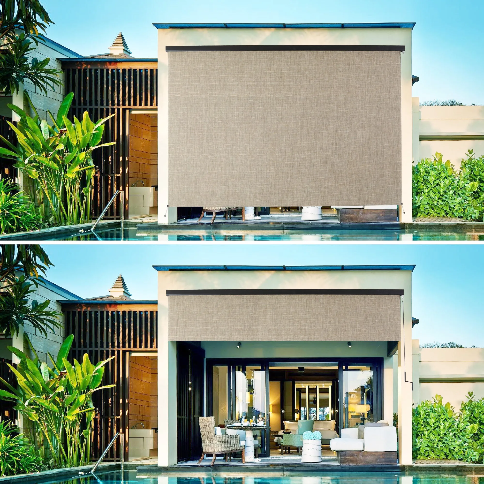 Superjoe 8x8 ft Crank Operated Outdoor Roller Shade Patio Cordless Blinds 95% Block,Brown