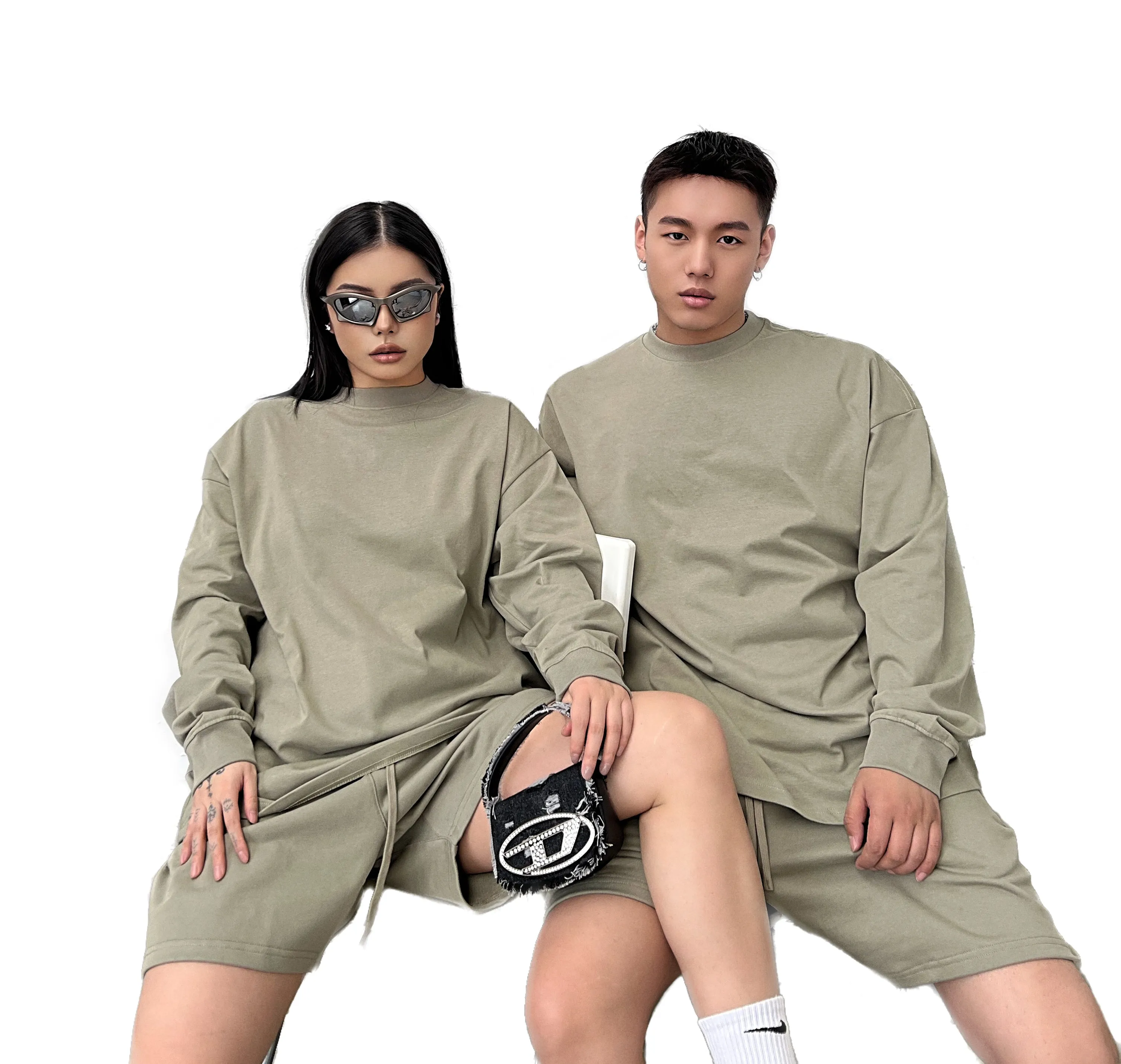 SYNEZ Unisex Solid Color Long Sleeve Casual Shirt   High Waist Mini Shorts Matching Set