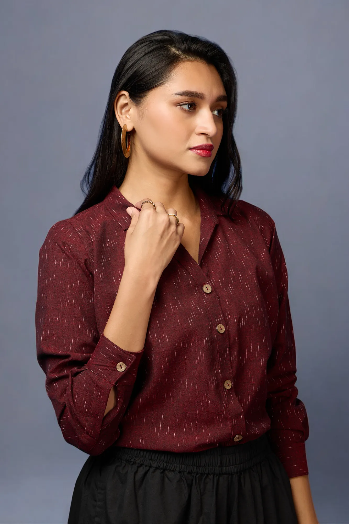 v-neck button down shirt - Maroon Essence & Gentle Strokes