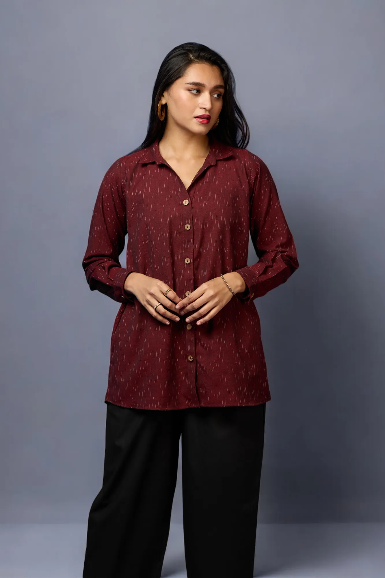 v-neck button down shirt - Maroon Essence & Gentle Strokes