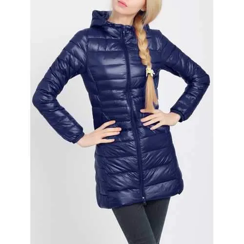 Women Pure Color Hooded Long Sleeve Down Coats