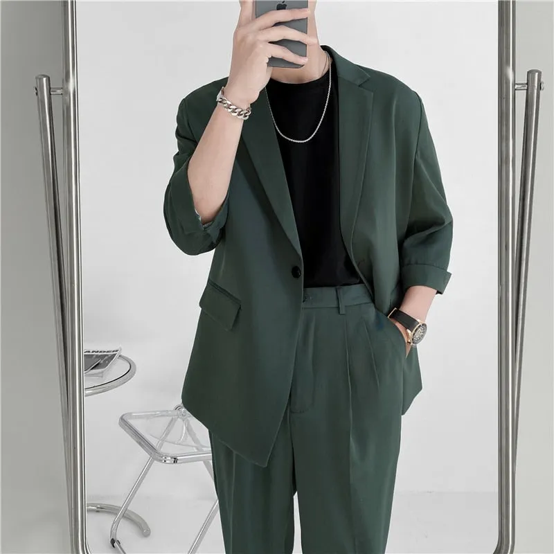 xiangtuibao Fashion Summer 2-piece Set Solid Color Single-breasted Casual Simple Student Wear Homme Loose Suits Wear (Blazers   Pants)