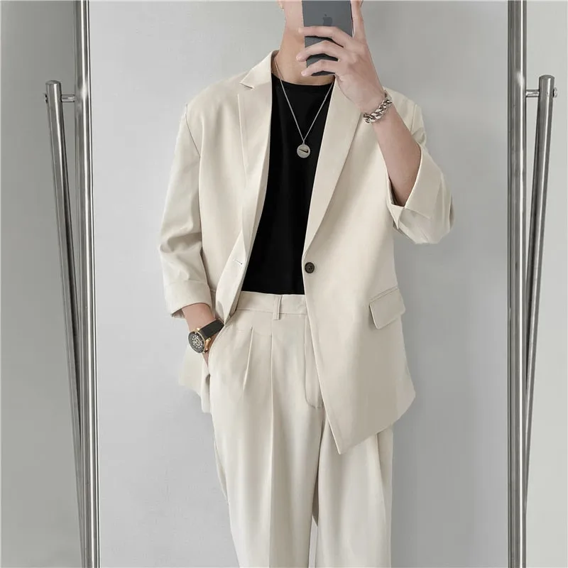 xiangtuibao Fashion Summer 2-piece Set Solid Color Single-breasted Casual Simple Student Wear Homme Loose Suits Wear (Blazers   Pants)