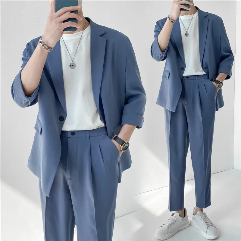 xiangtuibao Fashion Summer 2-piece Set Solid Color Single-breasted Casual Simple Student Wear Homme Loose Suits Wear (Blazers   Pants)