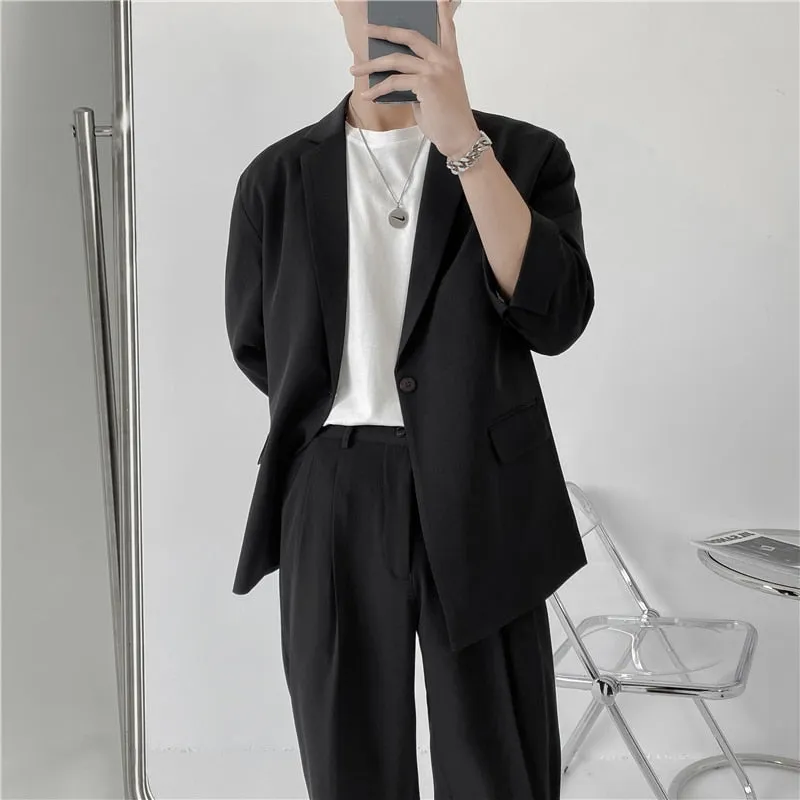 xiangtuibao Fashion Summer 2-piece Set Solid Color Single-breasted Casual Simple Student Wear Homme Loose Suits Wear (Blazers   Pants)