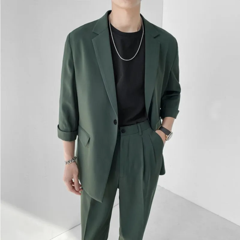 xiangtuibao Fashion Summer 2-piece Set Solid Color Single-breasted Casual Simple Student Wear Homme Loose Suits Wear (Blazers   Pants)