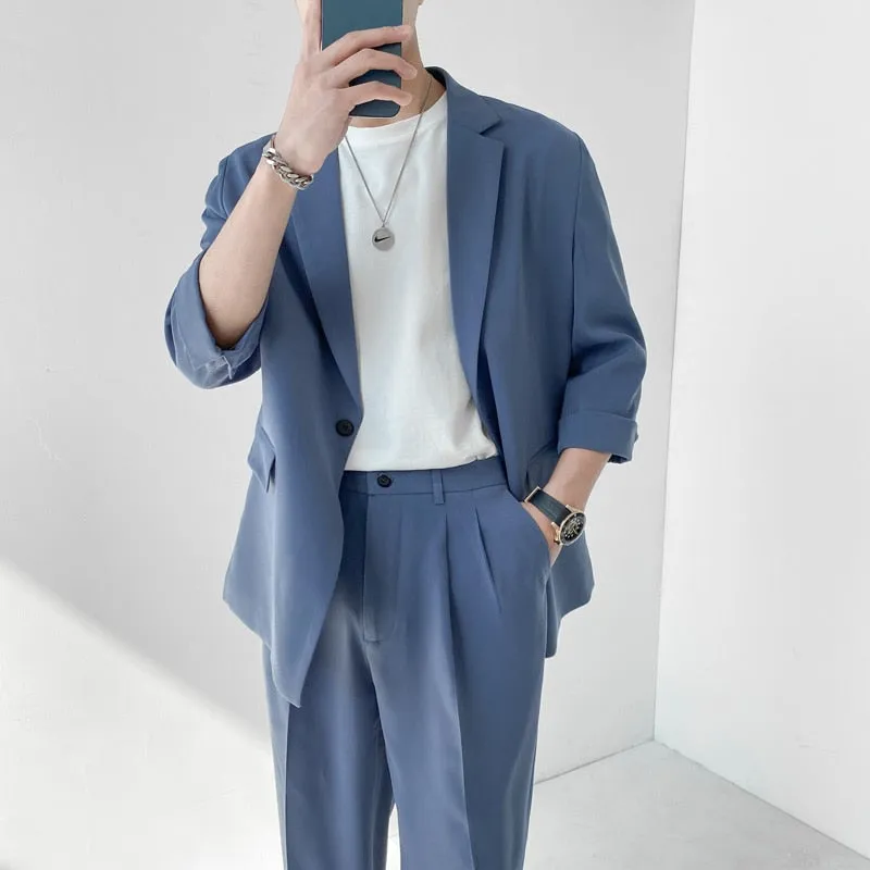 xiangtuibao Fashion Summer 2-piece Set Solid Color Single-breasted Casual Simple Student Wear Homme Loose Suits Wear (Blazers   Pants)