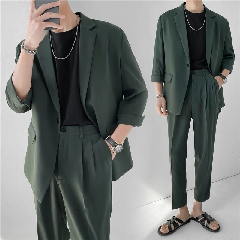 xiangtuibao Fashion Summer 2-piece Set Solid Color Single-breasted Casual Simple Student Wear Homme Loose Suits Wear (Blazers   Pants)