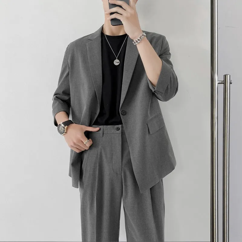 xiangtuibao Fashion Summer 2-piece Set Solid Color Single-breasted Casual Simple Student Wear Homme Loose Suits Wear (Blazers   Pants)